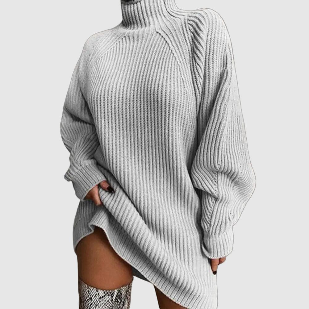 Abito Corto da Donna in Maglia a Coste con Collo Alto | Vestito Invernale Morbido a Tunica Maniche a Pipistrello