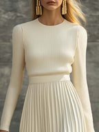 Abito Midi da Donna in Maglia a Costine con Gonna Plissettata | Vestito Elegante a Maniche Lunghe