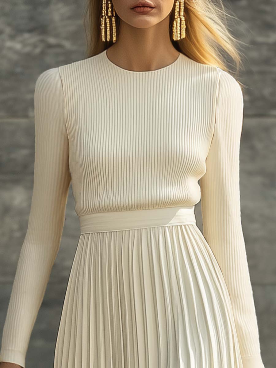 Abito Midi da Donna in Maglia a Costine con Gonna Plissettata | Vestito Elegante a Maniche Lunghe