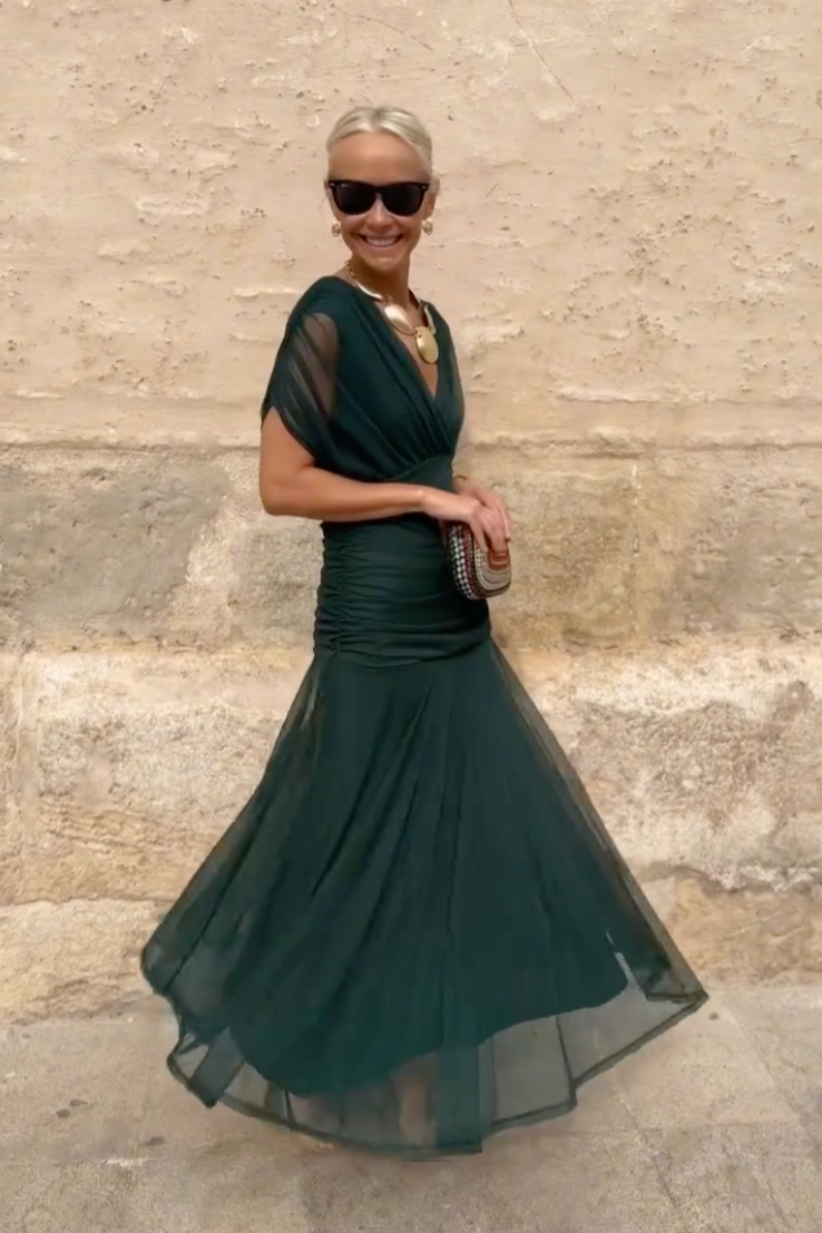 Abito Lungo Elegante da Donna con Scollo a V e Stampa Floreale Fantasy