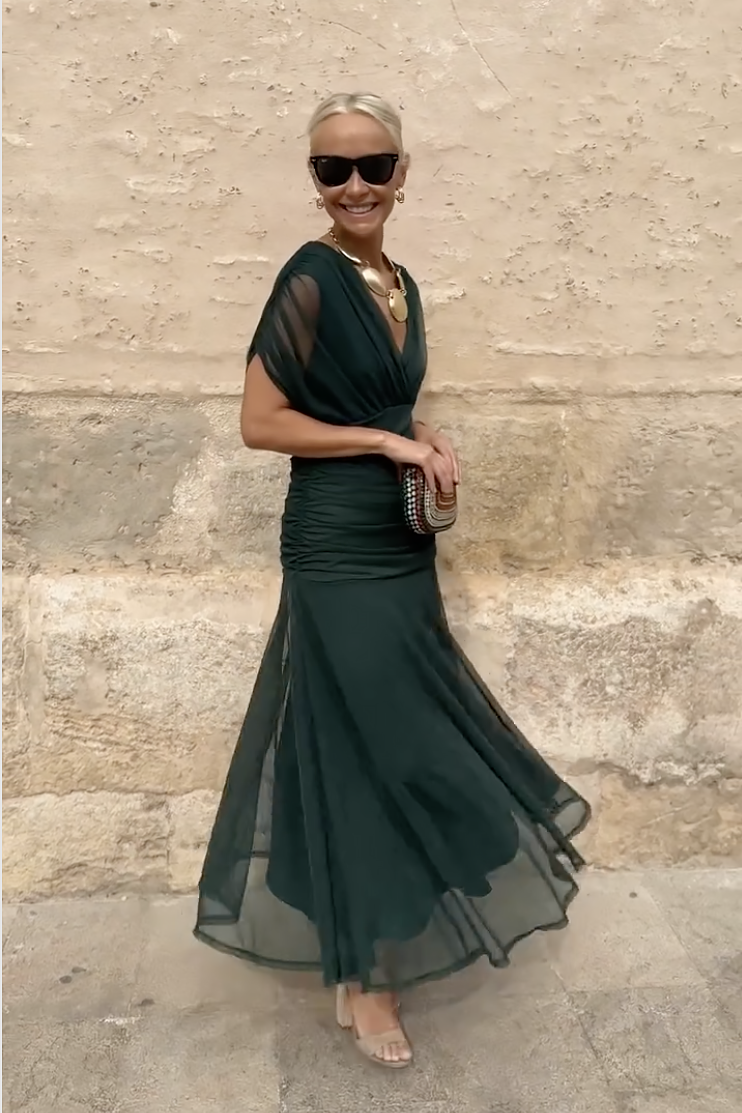 Abito Lungo Elegante da Donna con Scollo a V e Stampa Floreale Fantasy