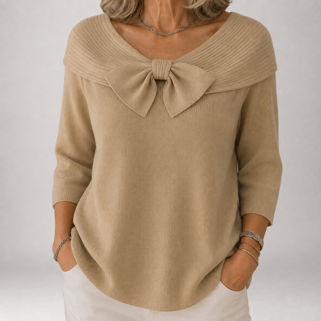 Maglione da Donna in Maglia Fine con Scollo a Barca e Fiocco Decorativo | Pullover Elegante con Spalle Scoperte, Maniche a Tre Quarti e Fondo Arrotondato