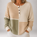 Maglione da Donna in Maglia a Nido d'Ape con Motivo a Blocchi di Colore | Pullover Stile Henley a Tre Bottoni con Righe Ocra e Spalla Scesa