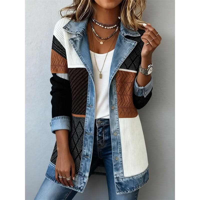 Giacca da Donna con Finiture a Contrasto in Denim | Blazer Casual Aperto sul Davanti con Revers e Profili a Pannelli