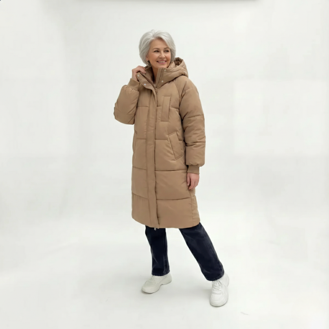 Piumino Lungo da Donna con Cappuccio e Trapuntatura Orizzontale | Cappotto Invernale Imbottito Caldo con Zip e Bottoni a Pressione
