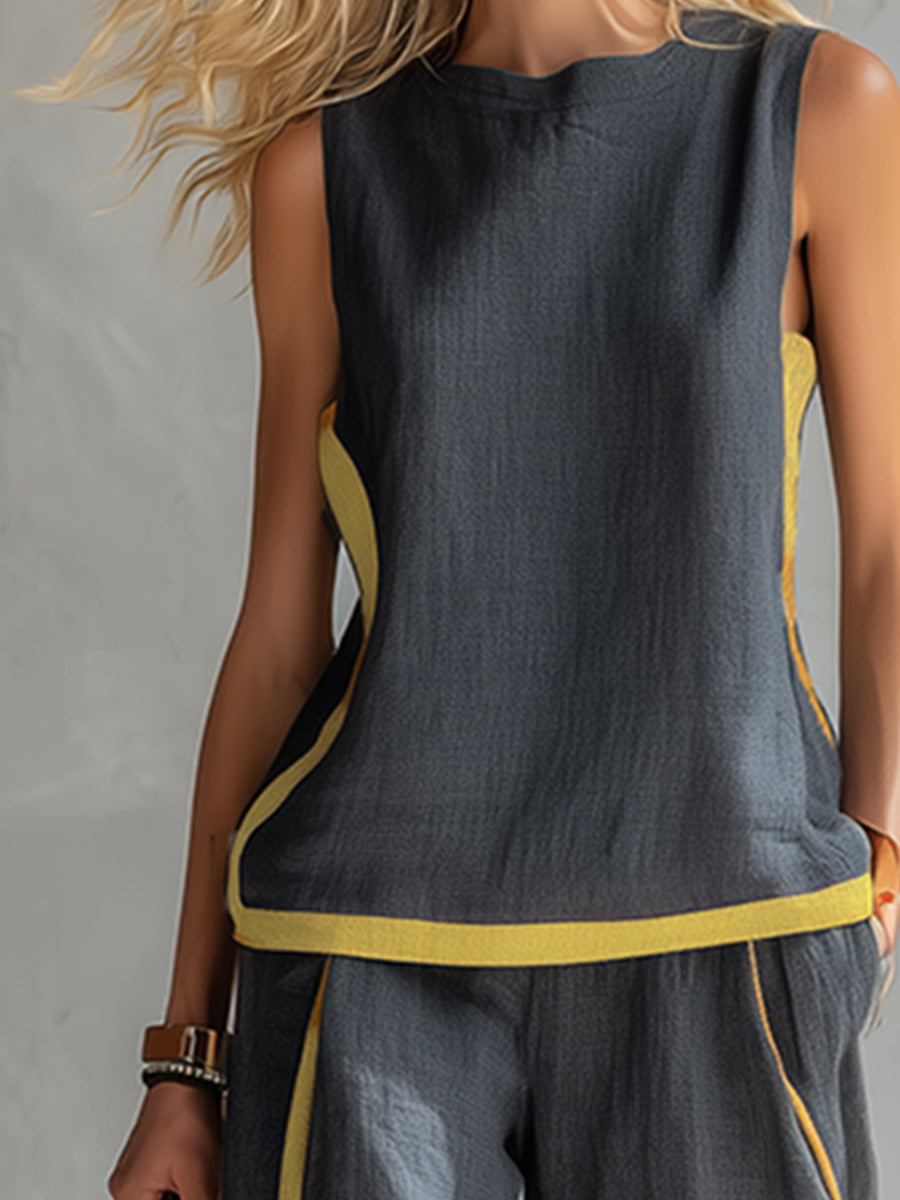 Completo da Donna a Due Pezzi Elegante con Profili a Contrasto | Top Senza Maniche e Pantaloni Ampi