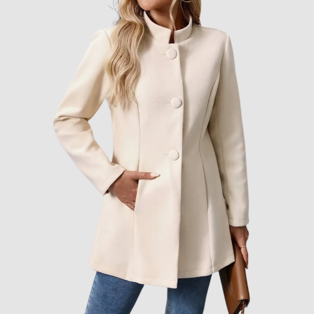 Giacca Sartoriale da Donna con Collo alla Coreana | Soprabito Elegante Monopetto con Bottoni Rivestiti