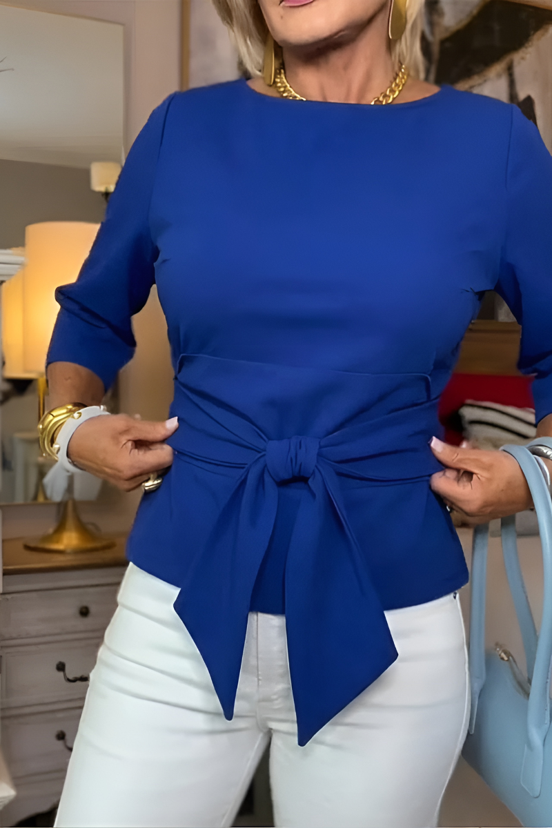 Maglia da Donna a Maniche a 3/4 con Nodo in Vita | Blusa Elegante Girocollo Sagomata con Cintura da Annodare