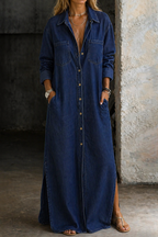 Abito Lungo da Donna in Denim con Bottoni e Tasche | Vestito Chemisier Maxi in Jeans con Colletto a Camicia e Spacchi Laterali