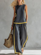 Completo da Donna a Due Pezzi Elegante con Profili a Contrasto | Top Senza Maniche e Pantaloni Ampi
