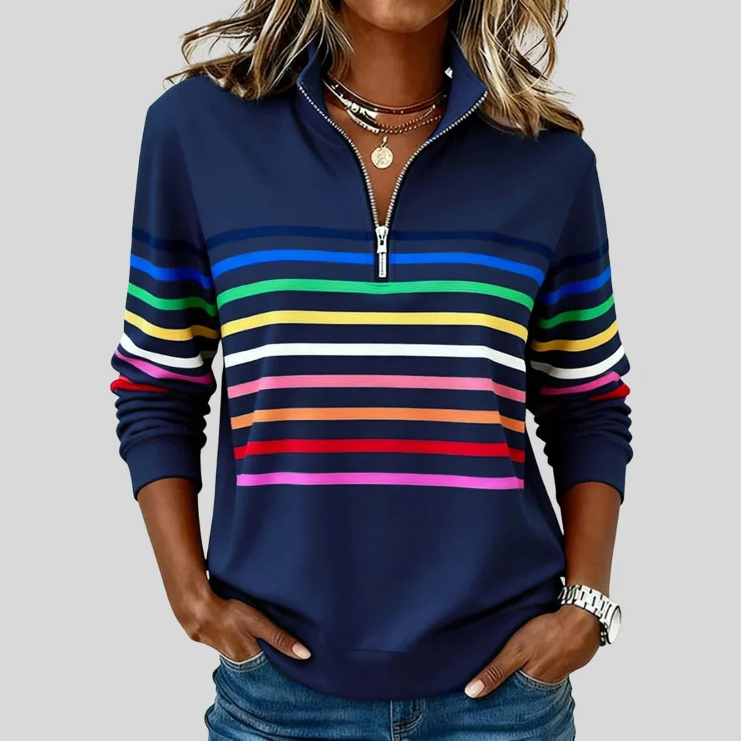 Felpa donna con mezza zip a righe multicolore