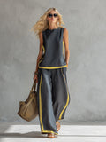 Completo da Donna a Due Pezzi Elegante con Profili a Contrasto | Top Senza Maniche e Pantaloni Ampi