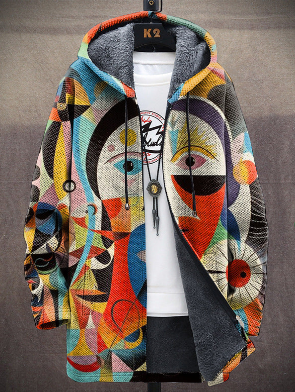 Giacca Felpa Lunga da Donna con Cappuccio e Zip Foderata in Caldo Peluche | Cardigan con Stampa Geometrica Artistica e Tasche