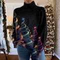 Maglione da Donna a Collo Rialzato con Stampa Alberi di Natale Glitter | Pullover Festivo Caldo in Maglia Morbida