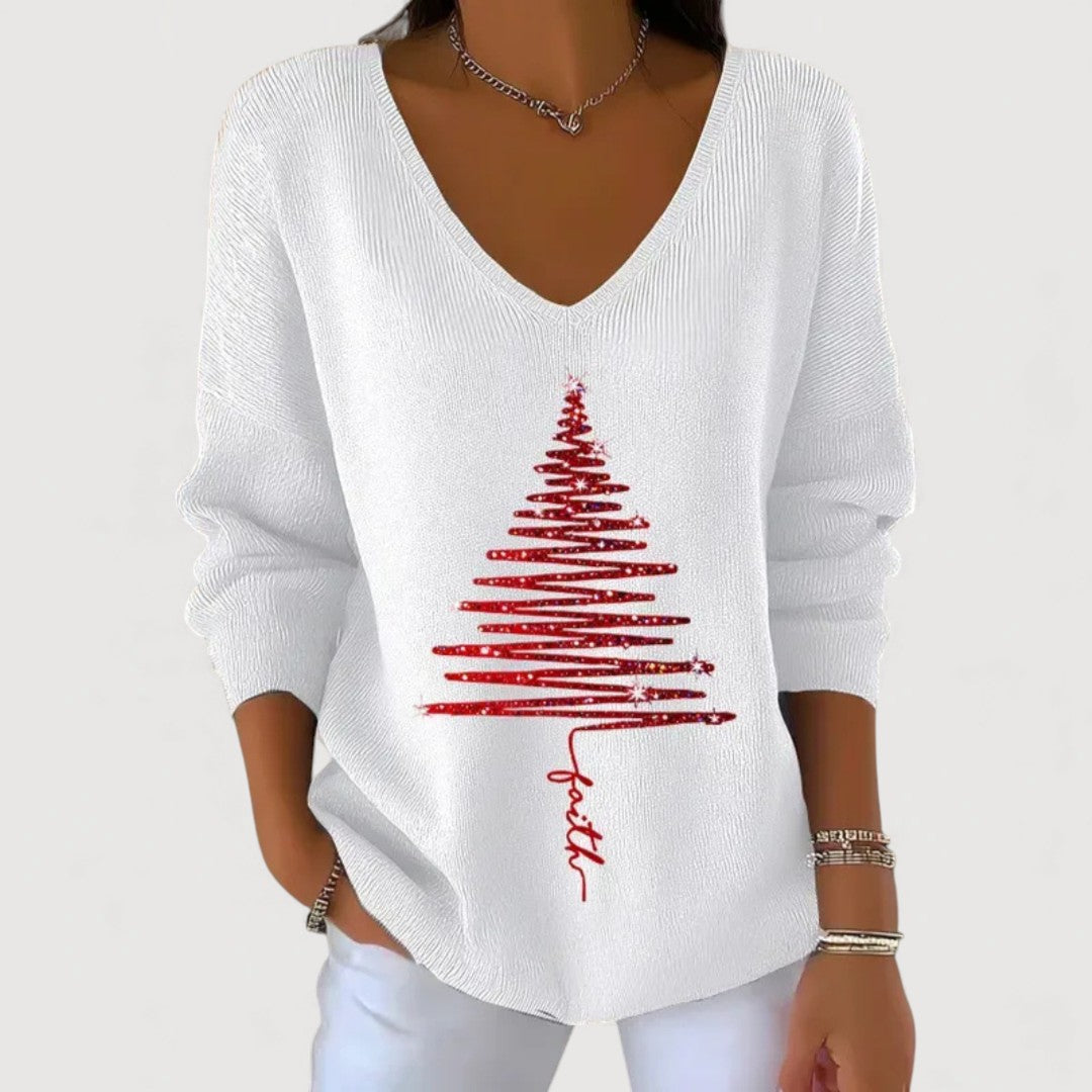 Maglia da Donna a Maniche Lunghe con Scollo a V e Stampa Albero di Natale | Maglietta Festiva Morbida con Grafica Glitter