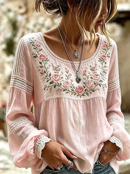 Camicetta da Donna in Lino con Ricami Floreali e Inserti in Pizzo | Blusa Bohémien a Maniche Lunghe con Ampio Scollo Rotondo