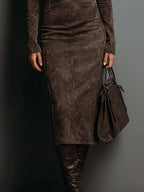 Abito Midi a Collo Alto da Donna in Simil Camoscio | Vestito a Tubino Elegante a Maniche Lunghe