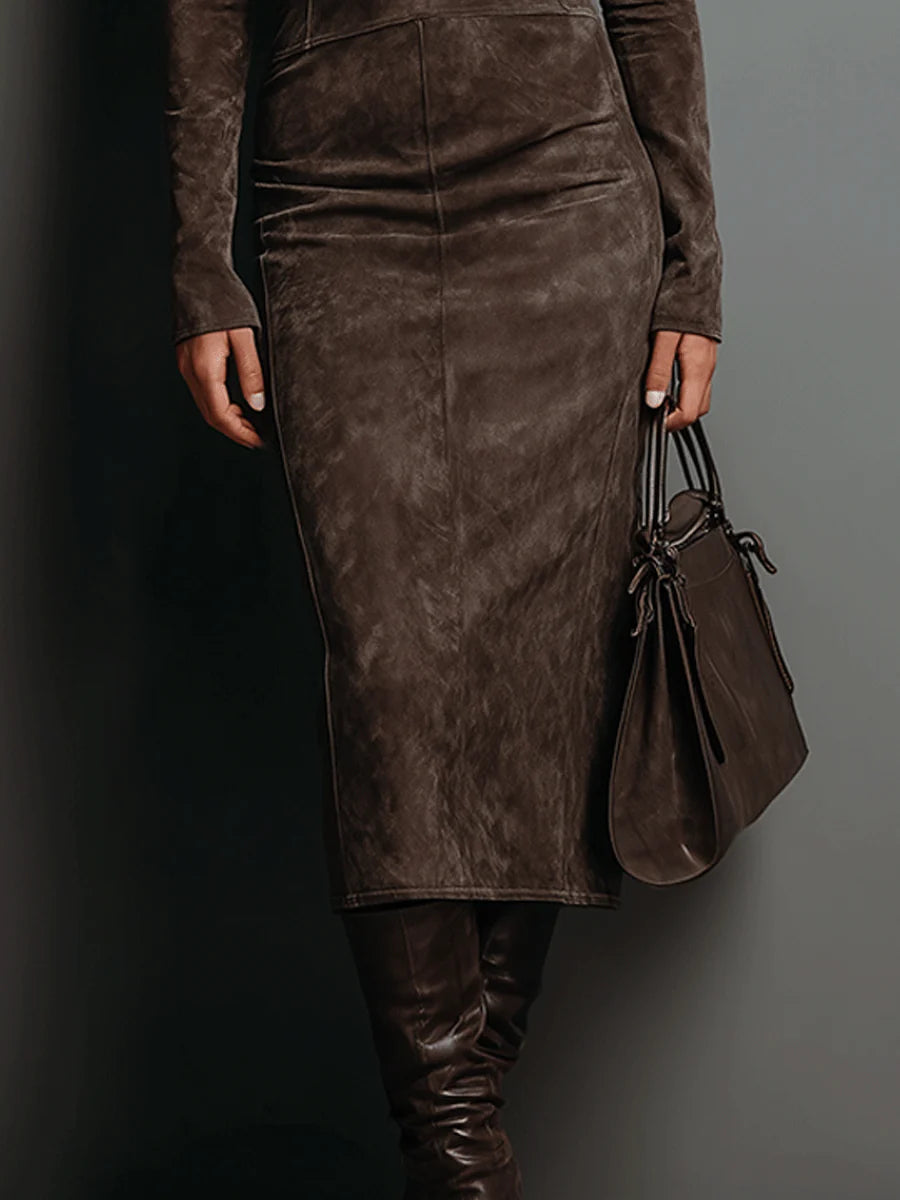 Abito Midi a Collo Alto da Donna in Simil Camoscio | Vestito a Tubino Elegante a Maniche Lunghe
