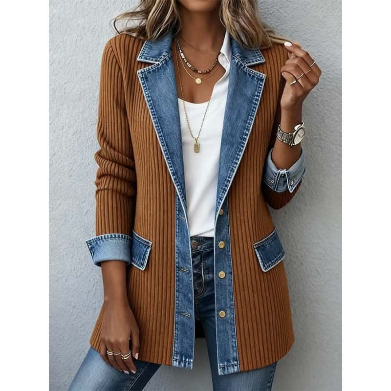 Giacca da Donna con Finiture a Contrasto in Denim | Blazer Casual Aperto sul Davanti con Revers e Profili a Pannelli