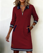 Abito Polo Sportivo a Maniche Lunghe con Mezza Zip da Donna – Vestito Casual in Felpa con Bordi a Righe e Tasche