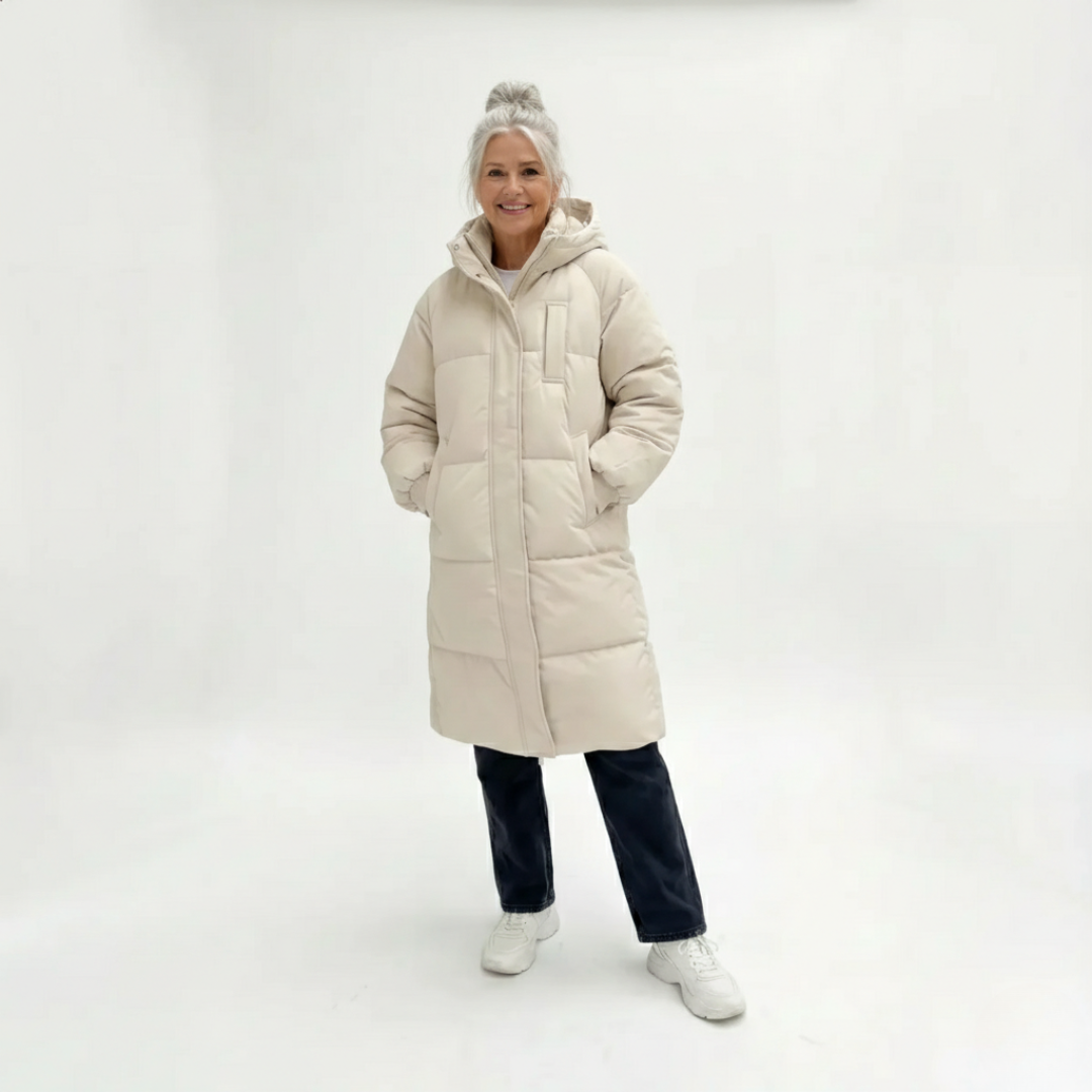 Piumino Lungo da Donna con Cappuccio e Trapuntatura Orizzontale | Cappotto Invernale Imbottito Caldo con Zip e Bottoni a Pressione