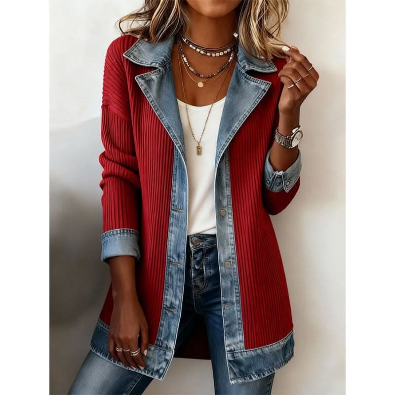 Giacca da Donna con Finiture a Contrasto in Denim | Blazer Casual Aperto sul Davanti con Revers e Profili a Pannelli