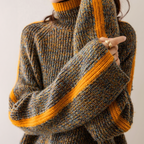 Maglione da Donna a Collo Alto con Righe Laterali a Contrasto | Pullover Invernale Caldo in Maglia Morbida con Spacchi Laterali