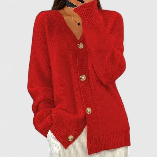 Cardigan da Donna in Maglia Morbida con Scollo a V e Bottoni | Cardigan Aperto a Trecce con Finiture a Costine