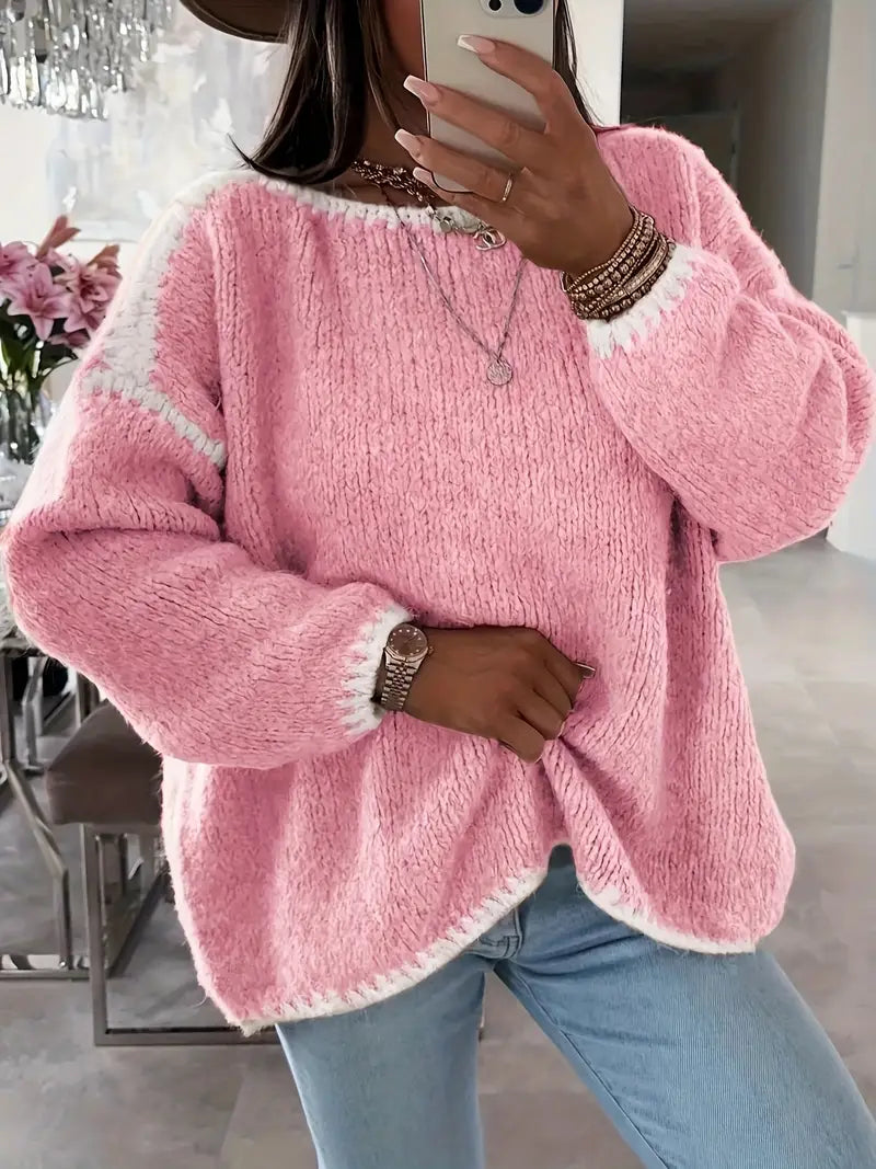 Maglione da Donna Girocollo in Maglia Morbida con Profili a Contrasto | Pullover Invernale Caldo a Spalla Scesa con Finiture Ricamate