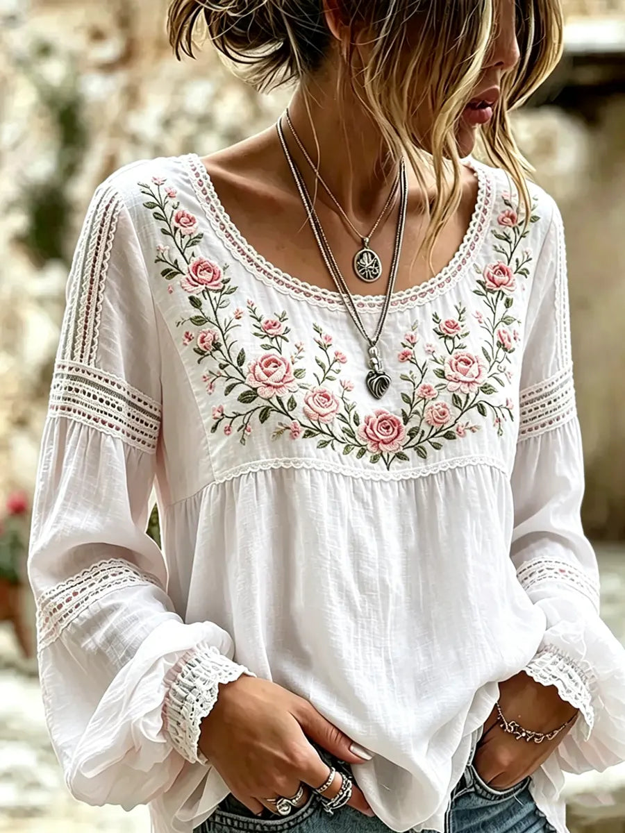 Camicetta da Donna in Lino con Ricami Floreali e Inserti in Pizzo | Blusa Bohémien a Maniche Lunghe con Ampio Scollo Rotondo