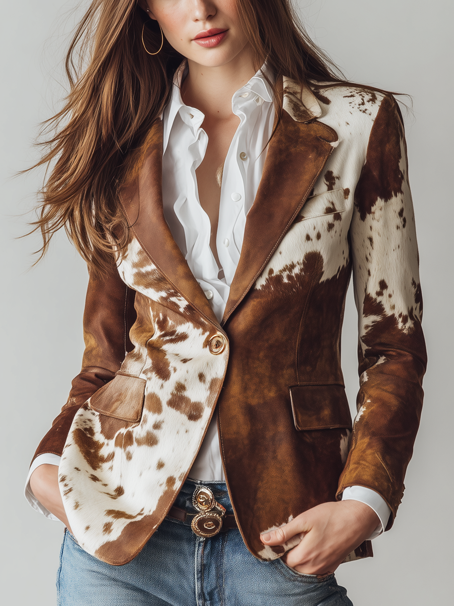 Blazer Sartoriale da Donna con Stampa Muccata Vintage | Giacca Monopetto Strutturata con Revers e Tasche con Pattina