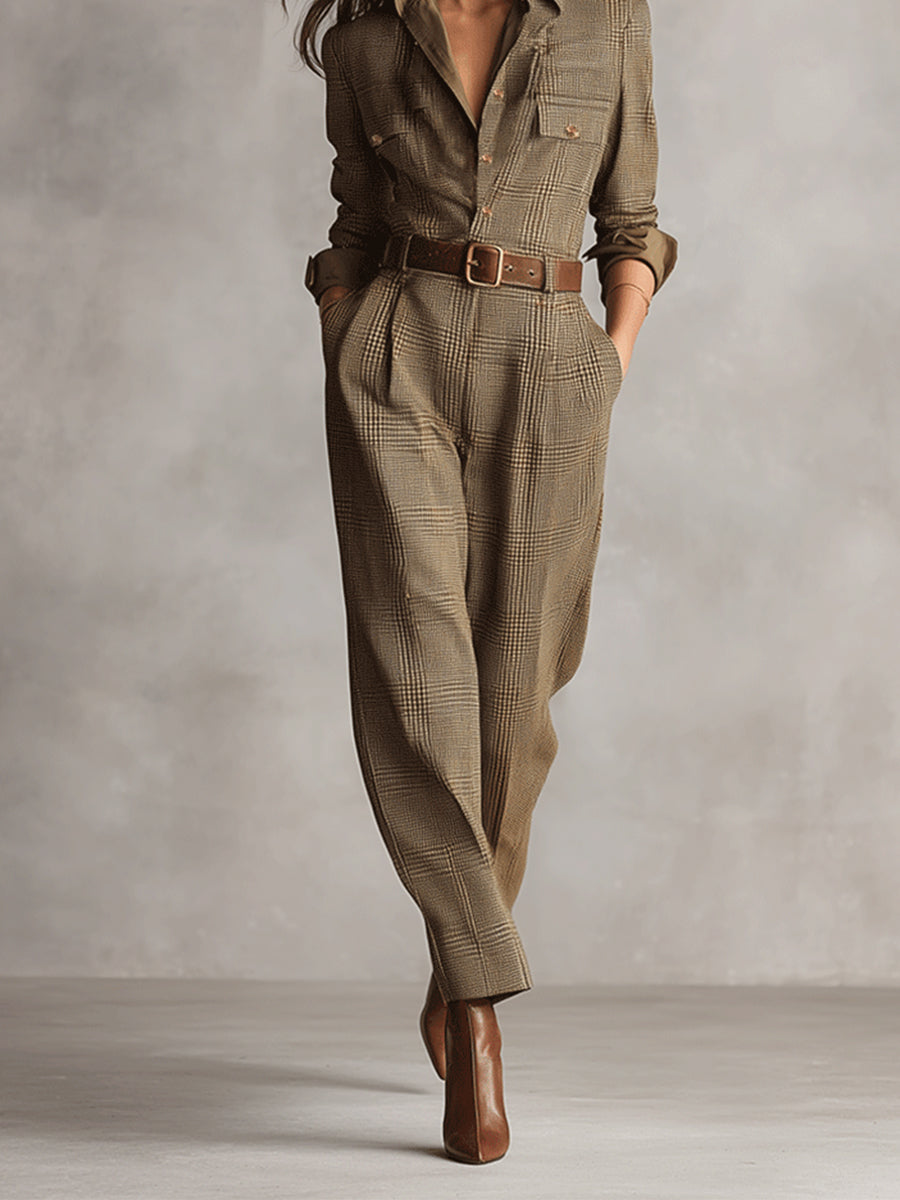 Tuta Intera Elegante da Donna a Gamba Larga | Jumpsuit a Quadri con Cintura e Colletto