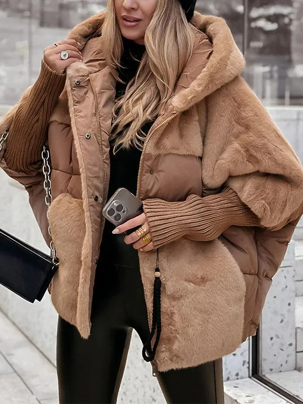 Piumino da Donna Oversize Ibrido con Dettagli in Pelliccia e Maniche in Maglia | Giacca Invernale Imbottita con Cappuccio e Zip