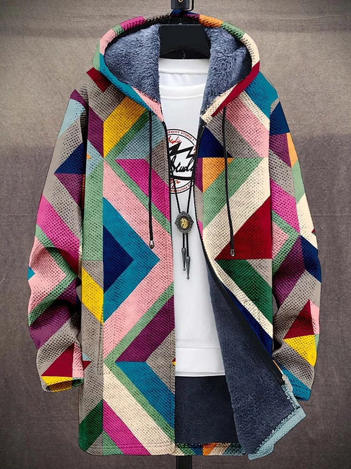 Giacca Felpa Lunga da Donna con Cappuccio e Zip Foderata in Caldo Peluche | Cardigan con Stampa Geometrica Artistica e Tasche