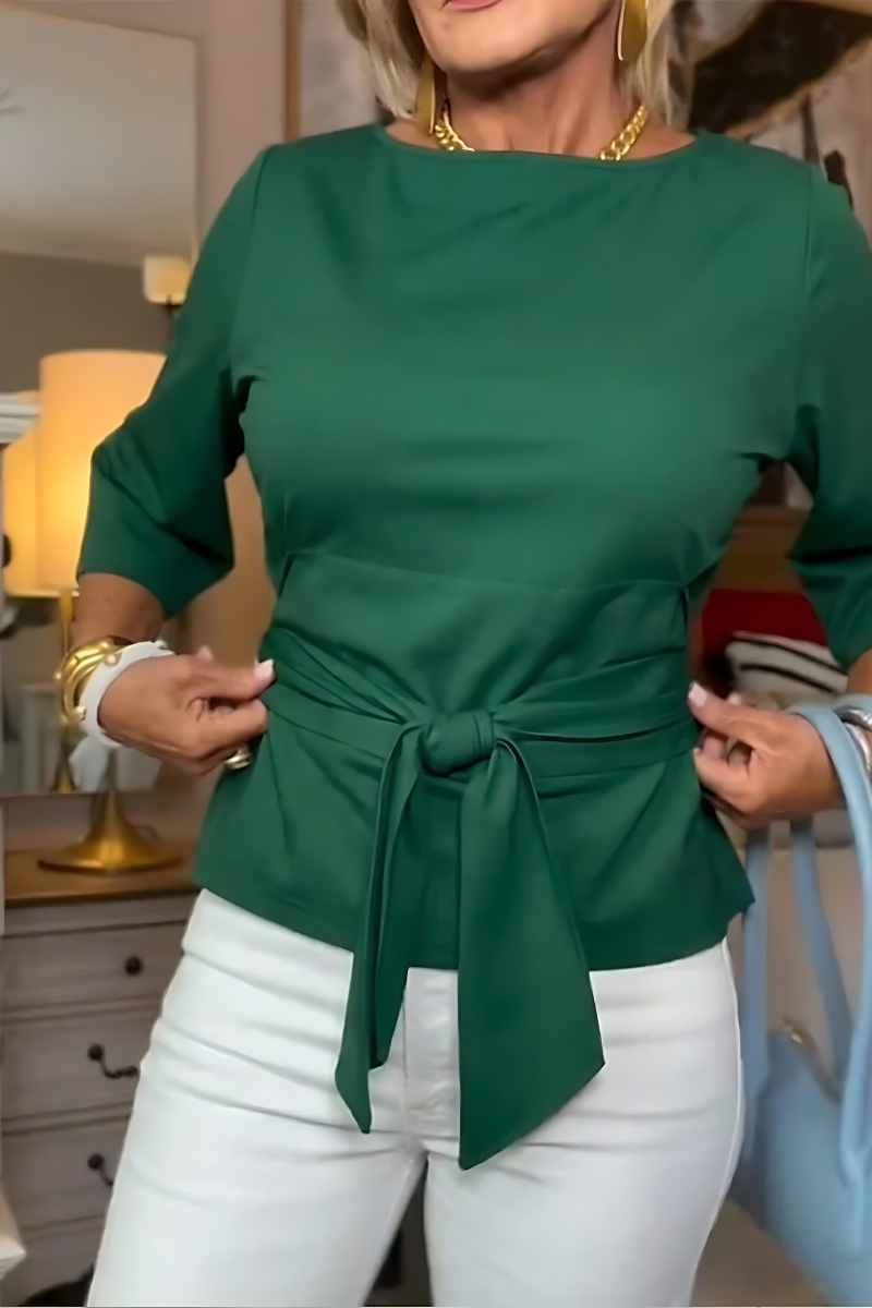 Maglia da Donna a Maniche a 3/4 con Nodo in Vita | Blusa Elegante Girocollo Sagomata con Cintura da Annodare