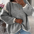 Maglione da Donna Girocollo in Maglia Morbida con Profili a Contrasto | Pullover Invernale Caldo a Spalla Scesa con Finiture Ricamate
