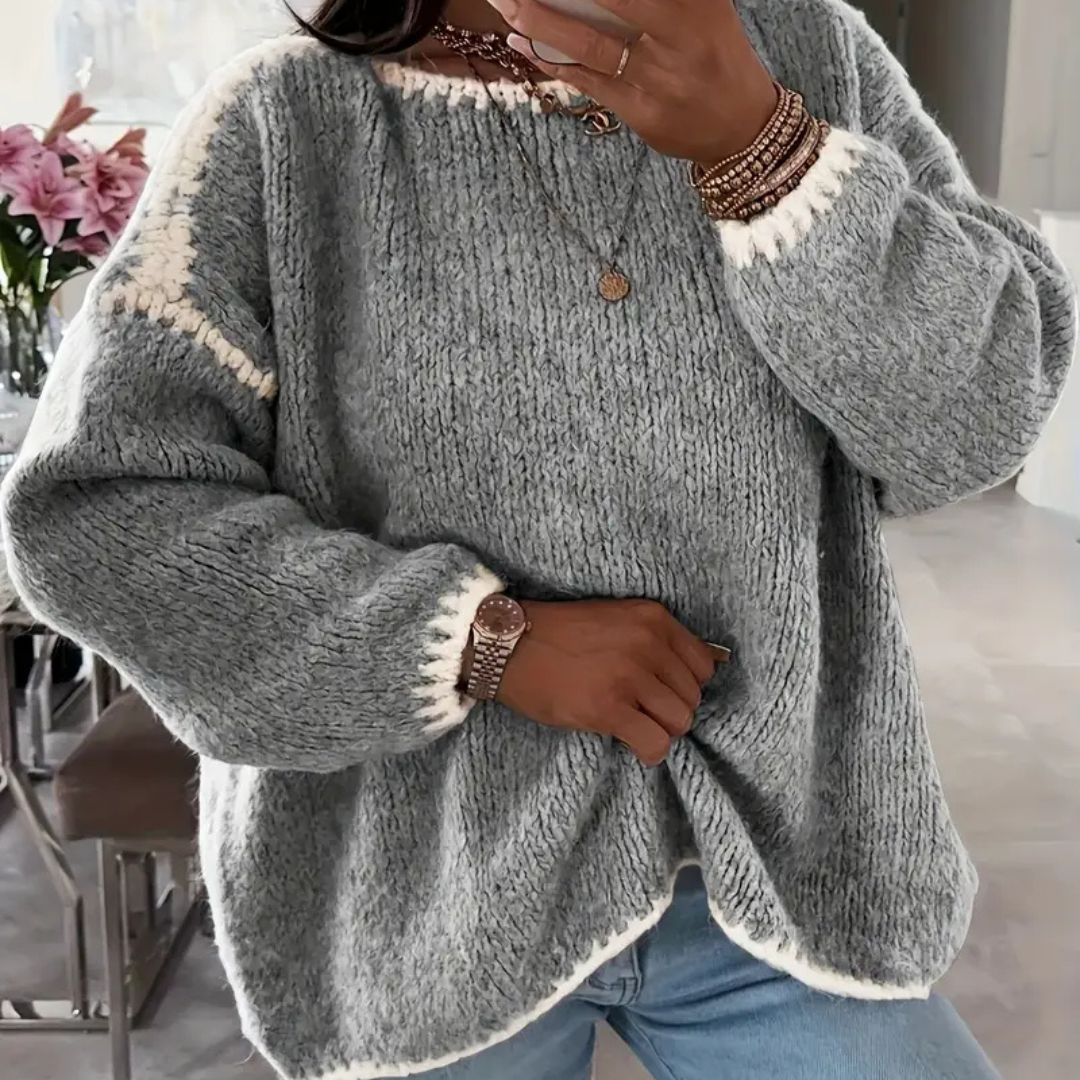 Maglione da Donna Girocollo in Maglia Morbida con Profili a Contrasto | Pullover Invernale Caldo a Spalla Scesa con Finiture Ricamate