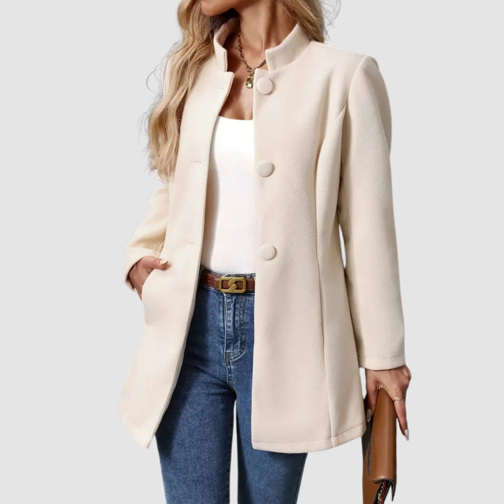 Giacca Sartoriale da Donna con Collo alla Coreana | Soprabito Elegante Monopetto con Bottoni Rivestiti