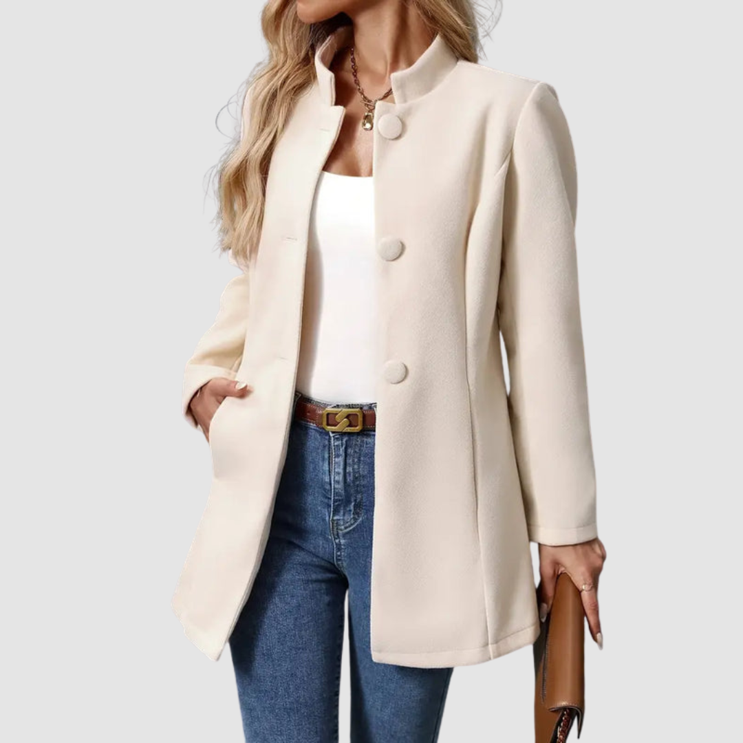 Giacca Sartoriale da Donna con Collo alla Coreana | Soprabito Elegante Monopetto con Bottoni Rivestiti