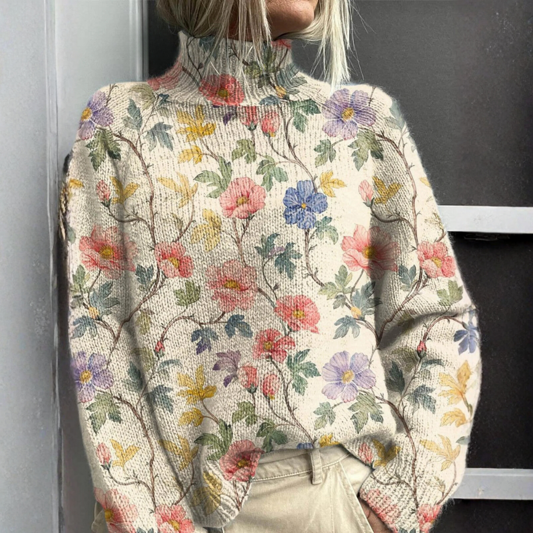 Maglione da Donna a Collo Alto in Maglia con Motivo Floreale | Pullover Dolcevita Invernale Caldo a Maniche Lunghe