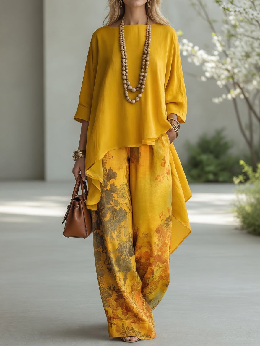 Completo da Donna Elegante con Stampa Botanica Vintage | Set Coordinato 2 Pezzi Tunica Asimmetrica High-Low e Pantaloni a Gamba Larga