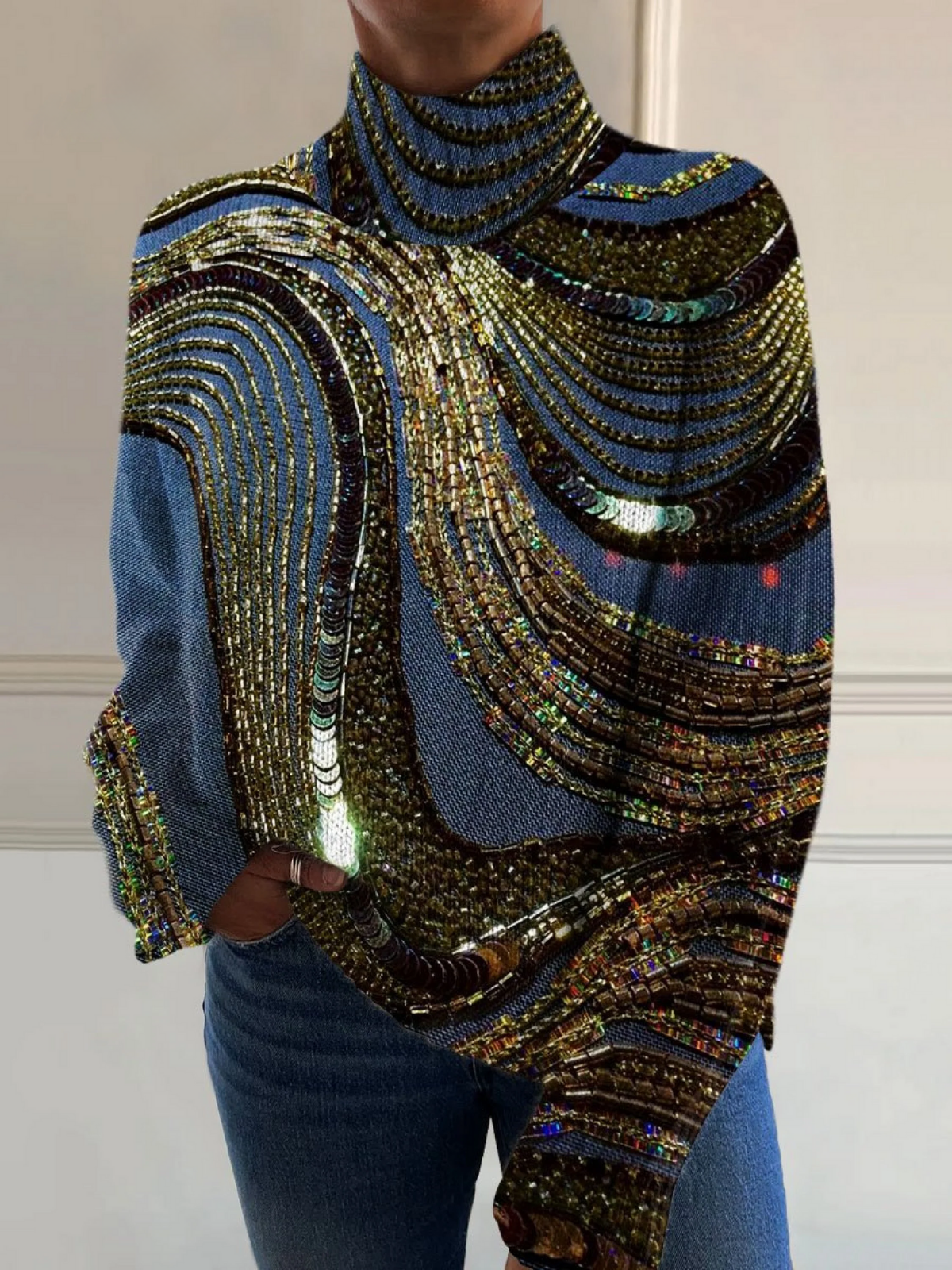 Maglione da Donna a Collo Alto Natalizio con Stampa Artistica | Pullover Morbido Dolcevita a Maniche Lunghe