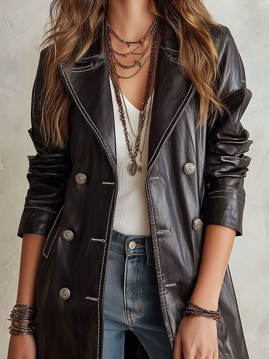 Trench Coat Doppiopetto da Donna in Morbida Ecopelle con Revers Ampi | Soprabito Sartoriale Lungo in Similpelle con Bottoni Lavorati e Cuciture a Contrasto
