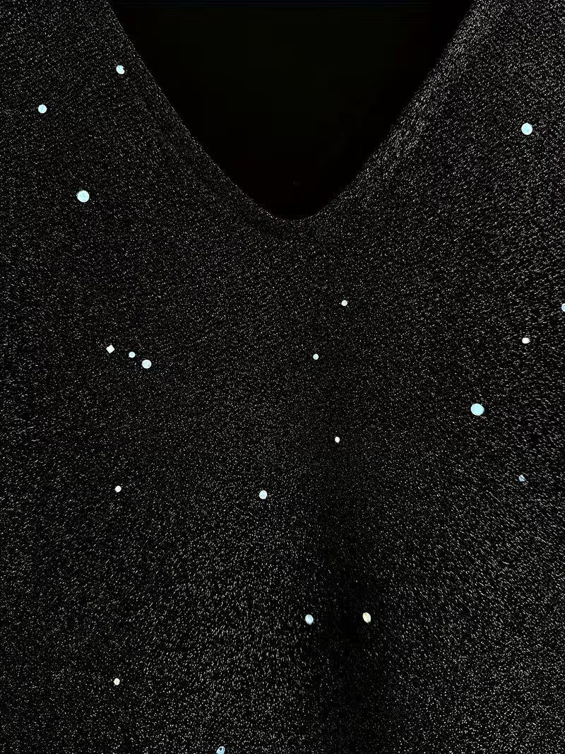Abito Elegante Midi da Donna con Scollo a V e Lustrini Brillanti | Vestito da Sera Luccicante a Maniche Lunghe