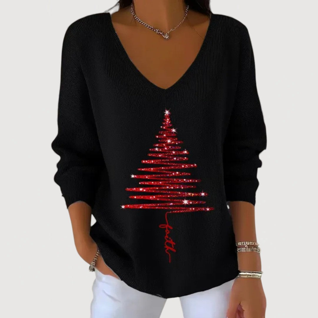 Maglia da Donna a Maniche Lunghe con Scollo a V e Stampa Albero di Natale | Maglietta Festiva Morbida con Grafica Glitter
