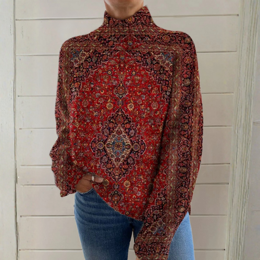 Maglione da Donna a Collo Alto in Maglia con Stampa Artistica Vintage | Pullover Dolcevita Invernale Caldo con Motivo Arazzo