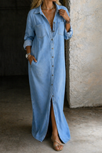 Abito Lungo da Donna in Denim con Bottoni e Tasche | Vestito Chemisier Maxi in Jeans con Colletto a Camicia e Spacchi Laterali