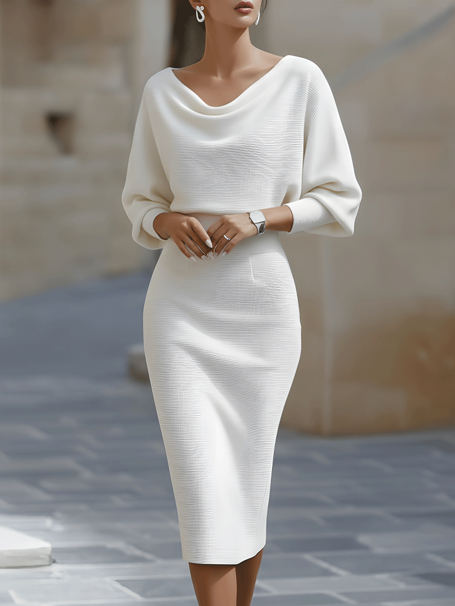 Abito Midi da Donna con Maniche a Pipistrello Drappeggiate | Vestito Elegante a Tubino Morbido