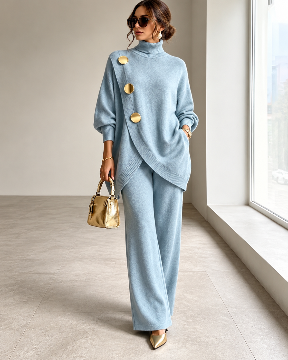 Completino Due Pezzi in Maglia da Donna con Dolcevita e Pantaloni a Gamba Larga | Coordinato Casual Morbido con Maglione e Pantaloni Palazzo