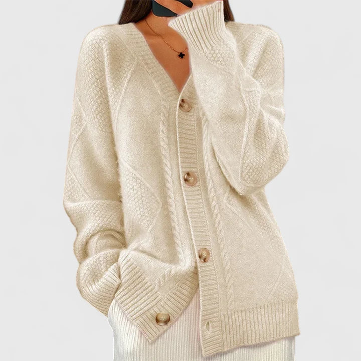 Cardigan da Donna in Maglia Morbida con Scollo a V e Bottoni | Cardigan Aperto a Trecce con Finiture a Costine